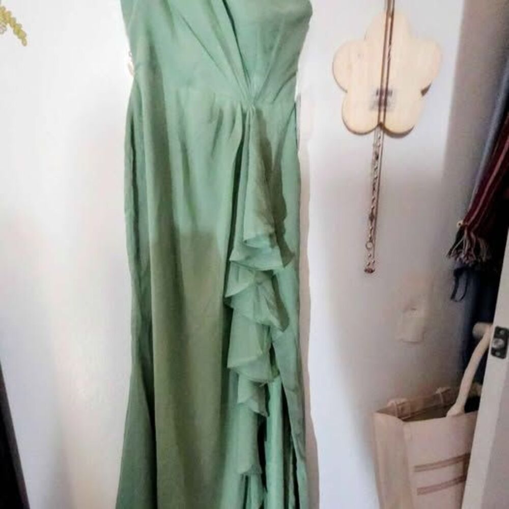 Vow's of Love Sage Green One-Shoulder Ruffle Gown